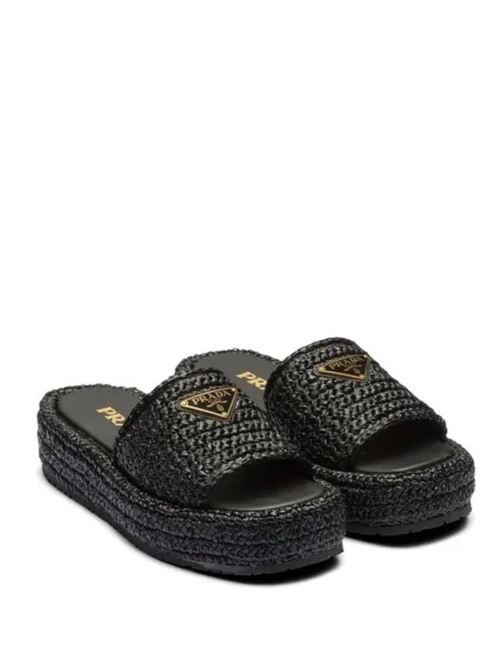 Authentic Prada Black raffia Platform espadrille slides sandal Logo Triangle 10